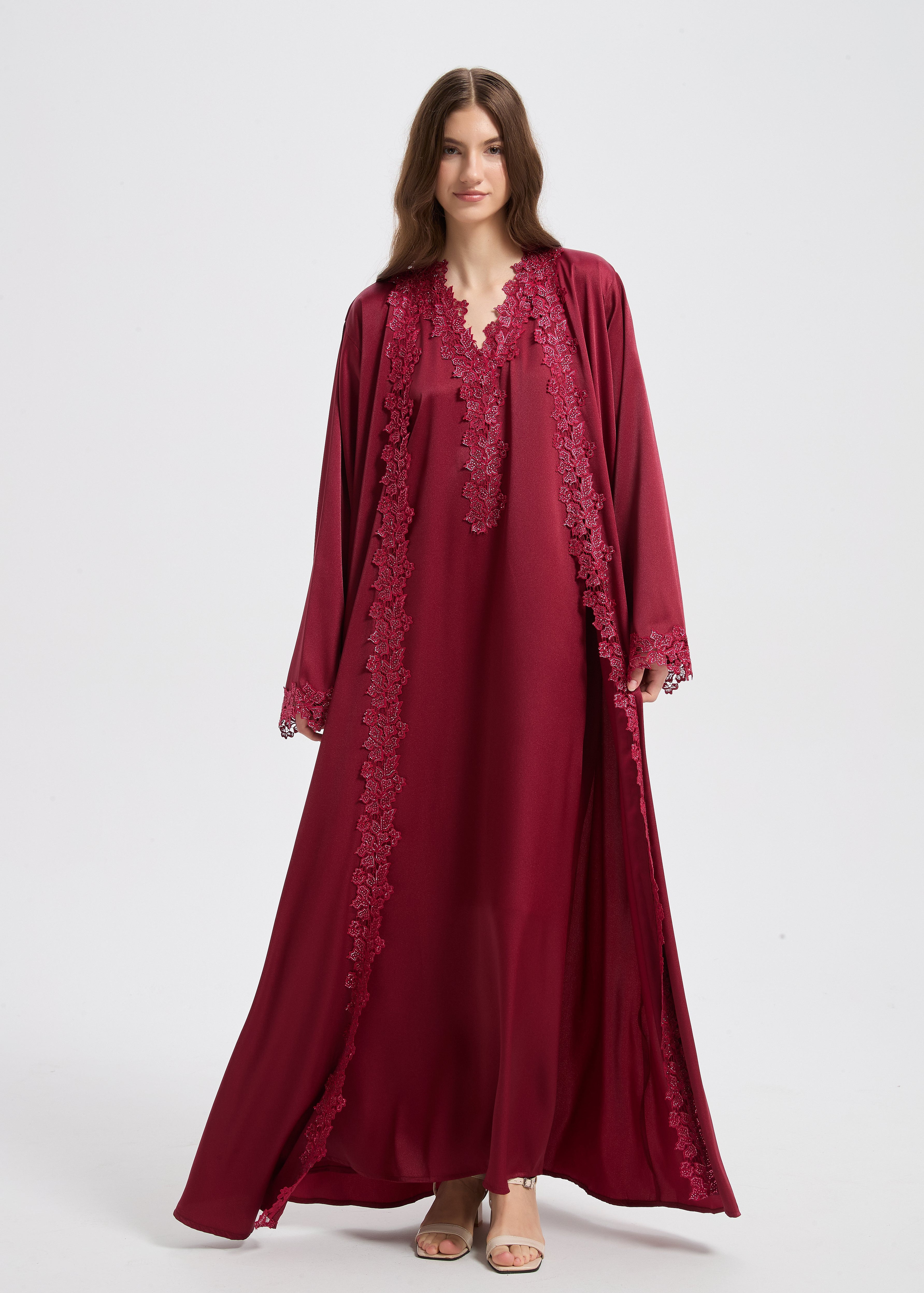 Sultana Lace Abaya Set - Maroon