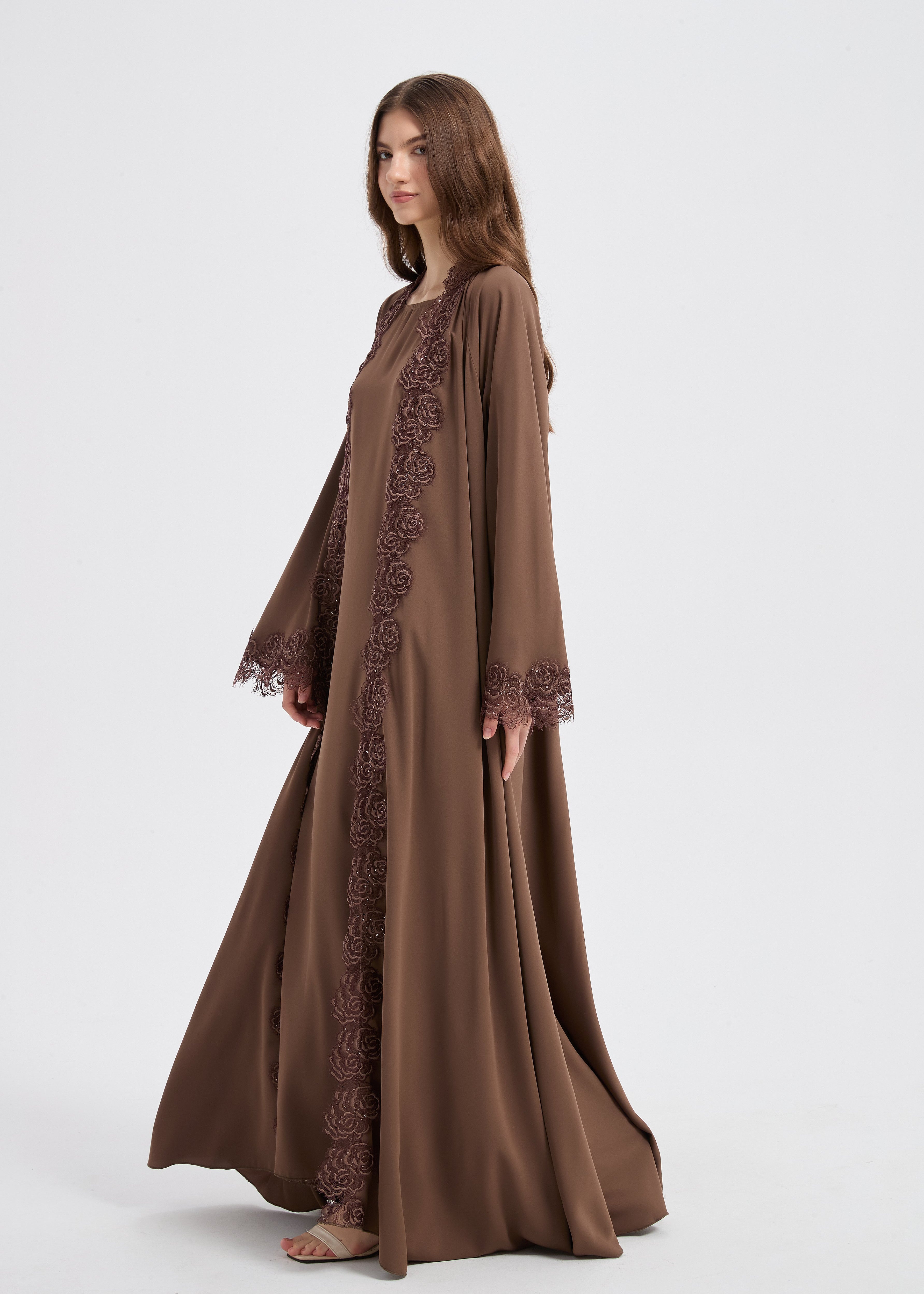 Yasmine Lace Abaya Set - Brown