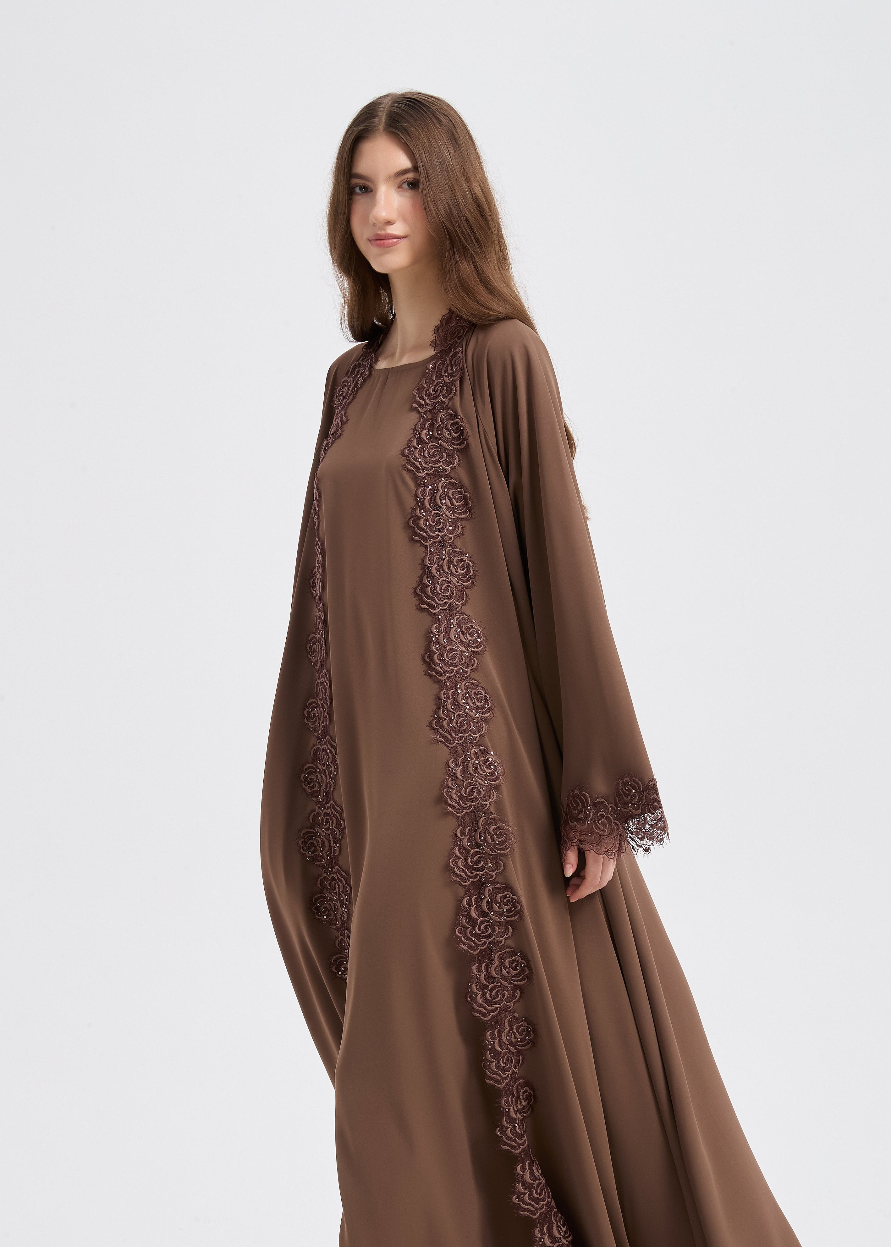 Yasmine Lace Abaya Set - Brown