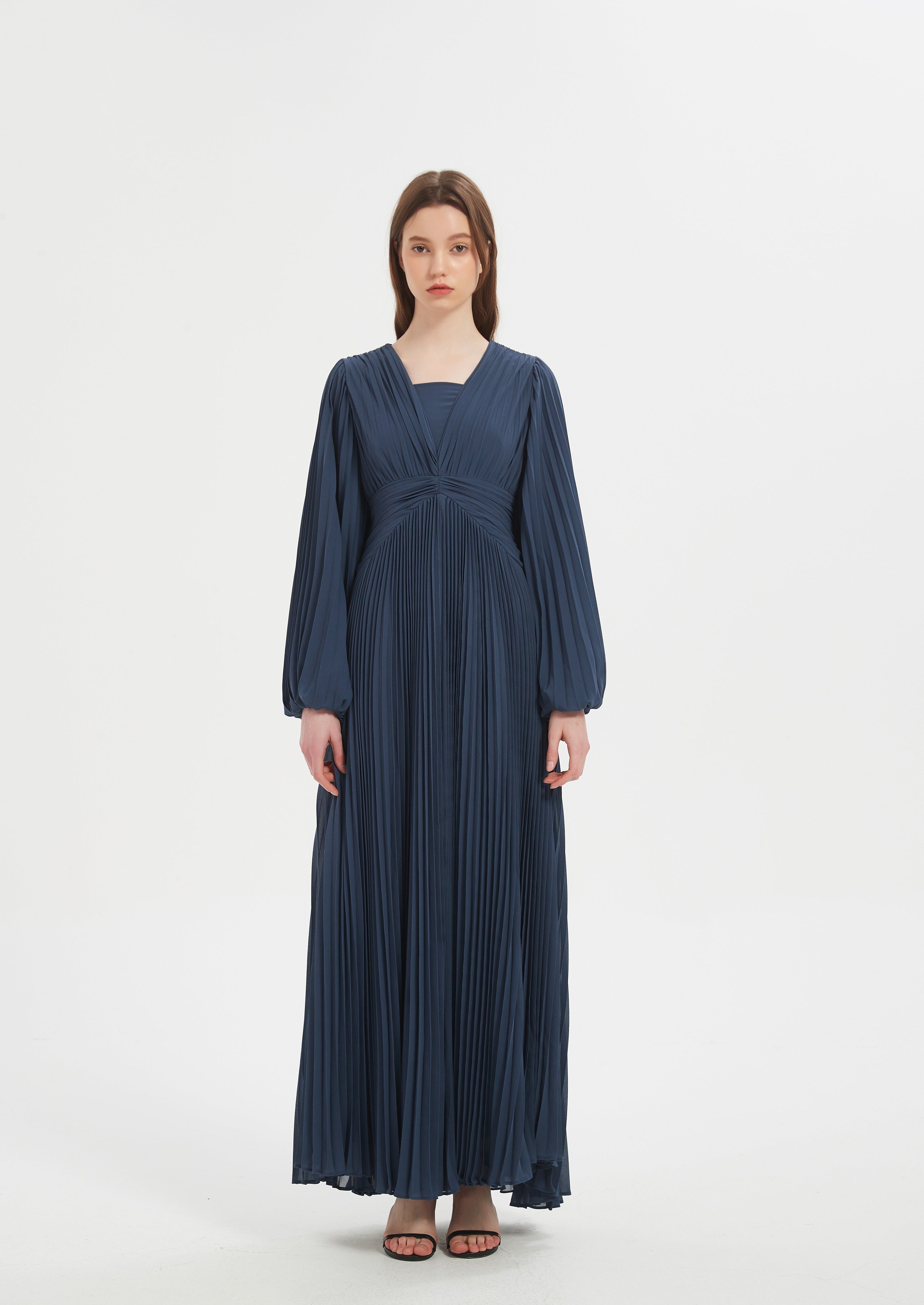 Zarla Pleated Chiffon Gown - Navy