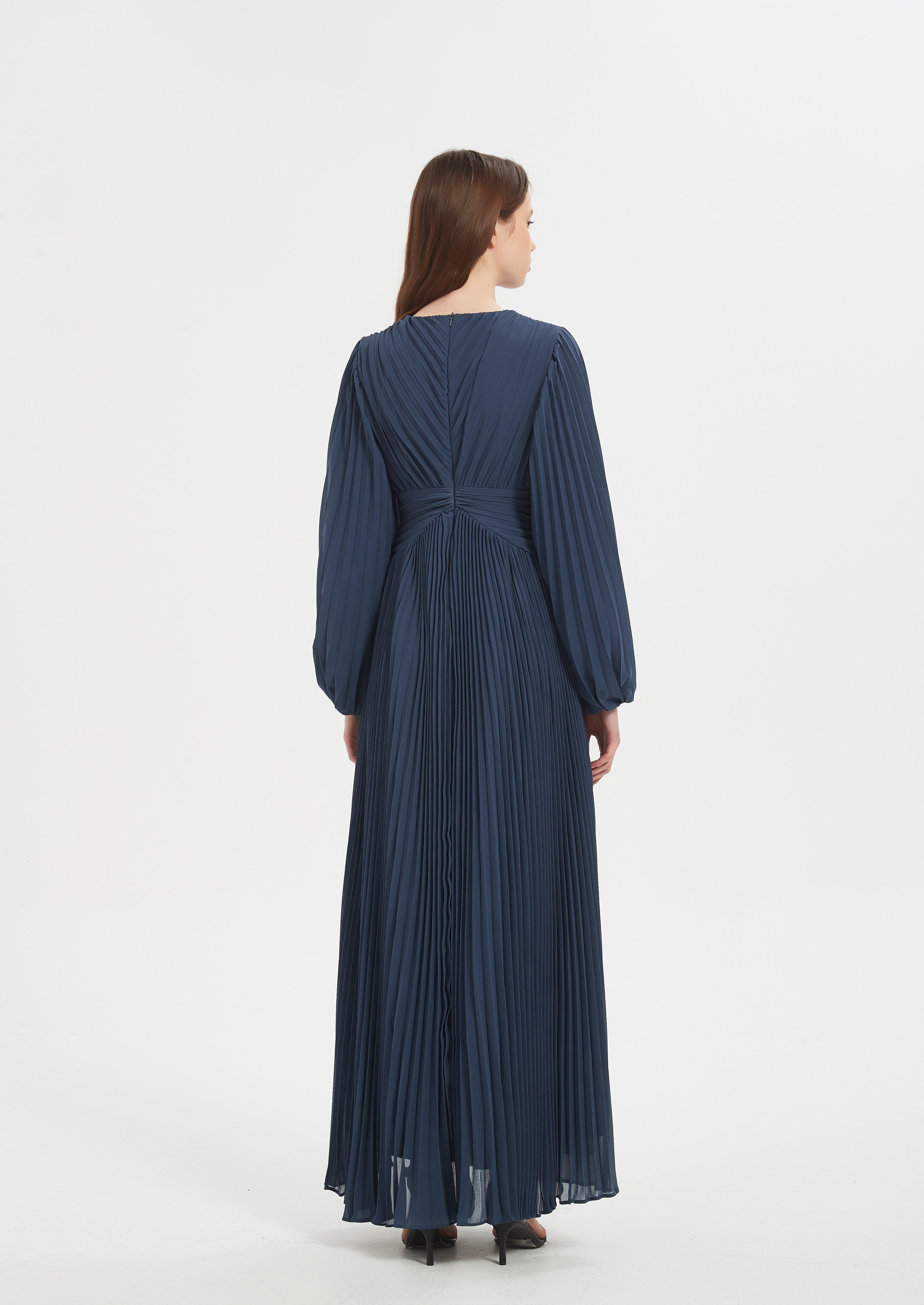 Zarla Pleated Chiffon Gown - Navy