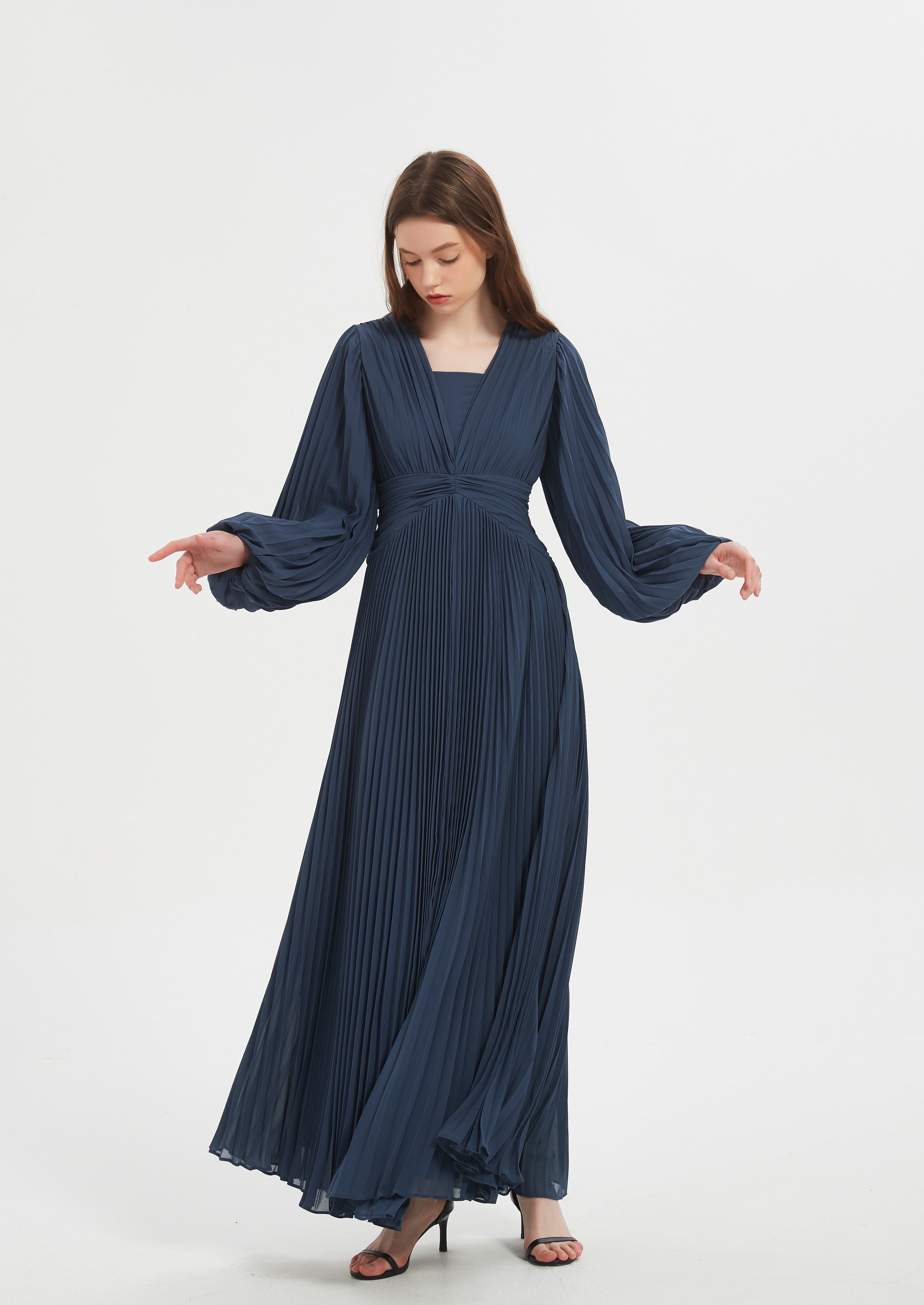 Zarla Pleated Chiffon Gown - Navy