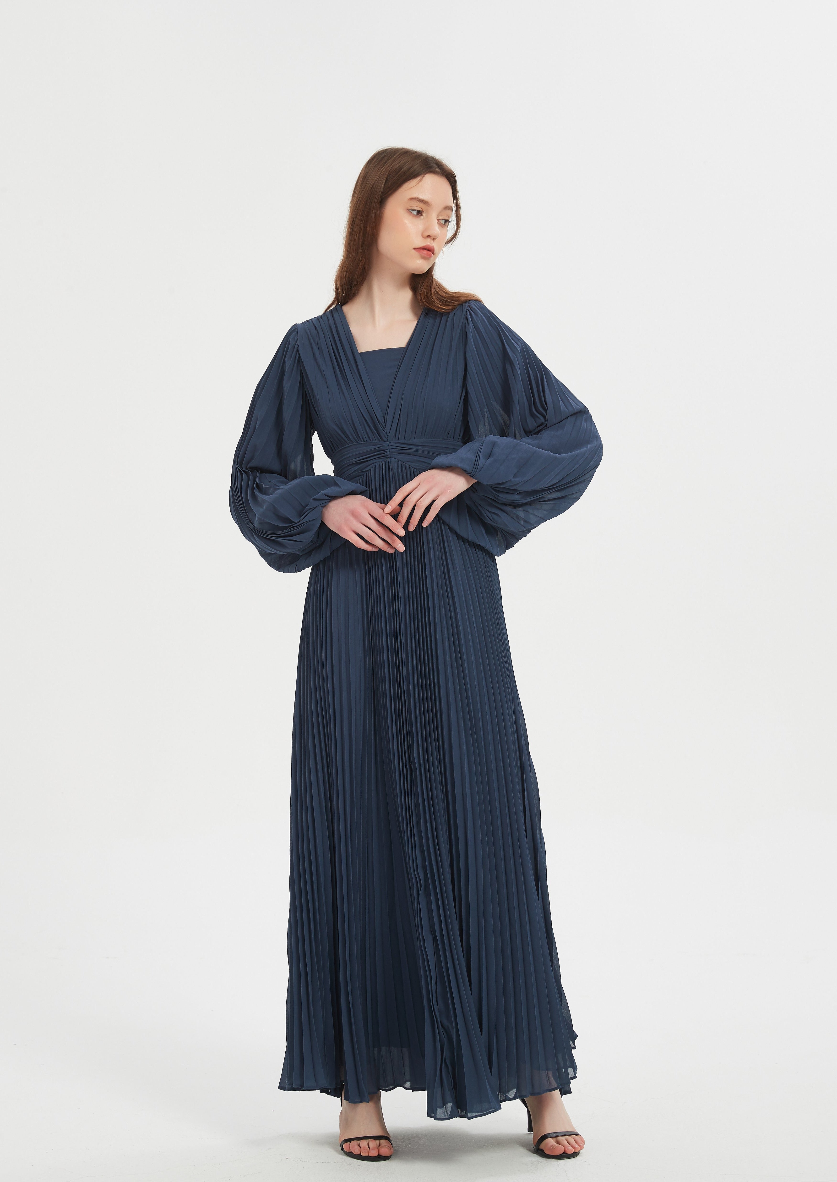 Zarla Pleated Chiffon Gown - Navy