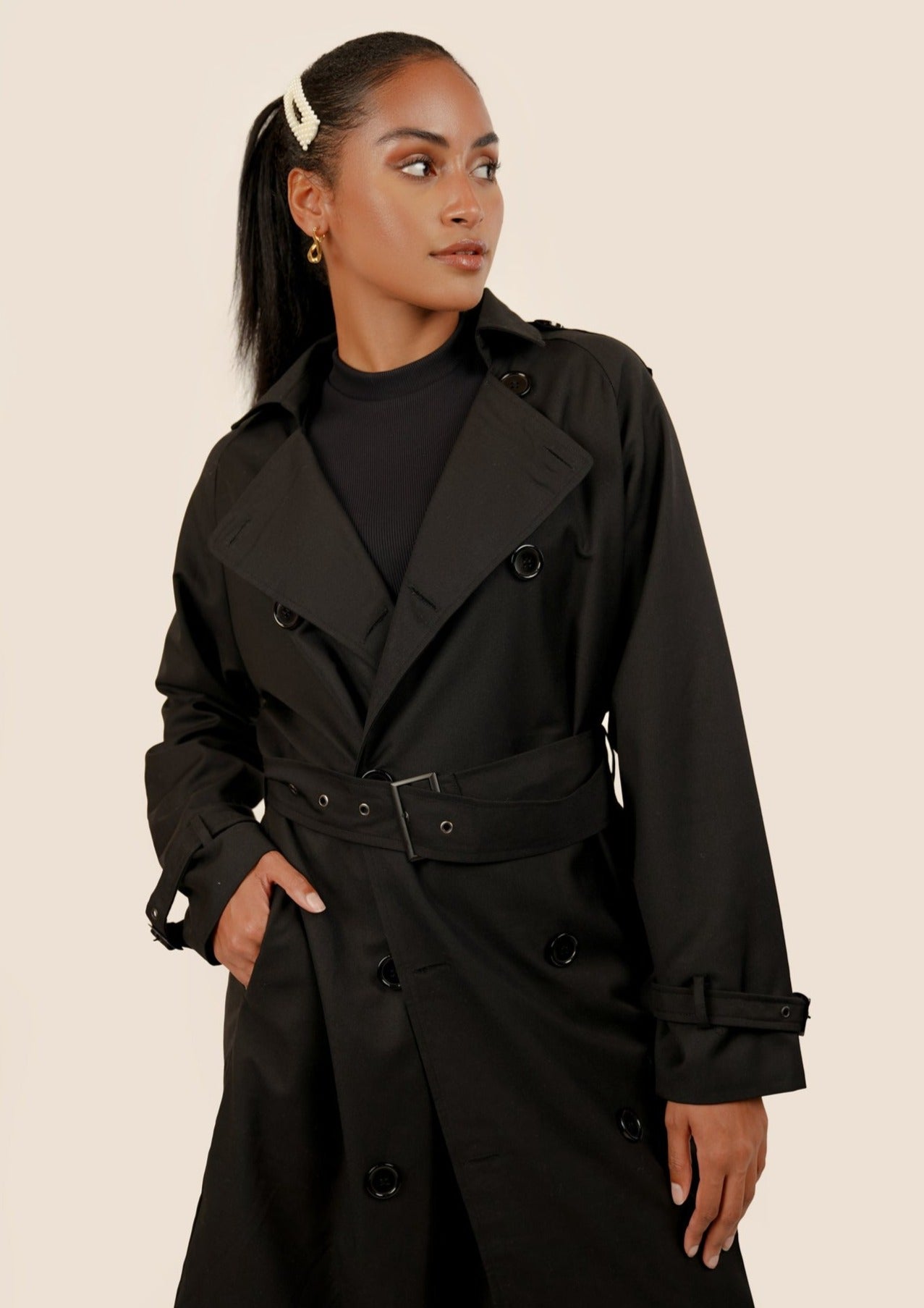 Amariah Double Breasted Trench Coat - Black