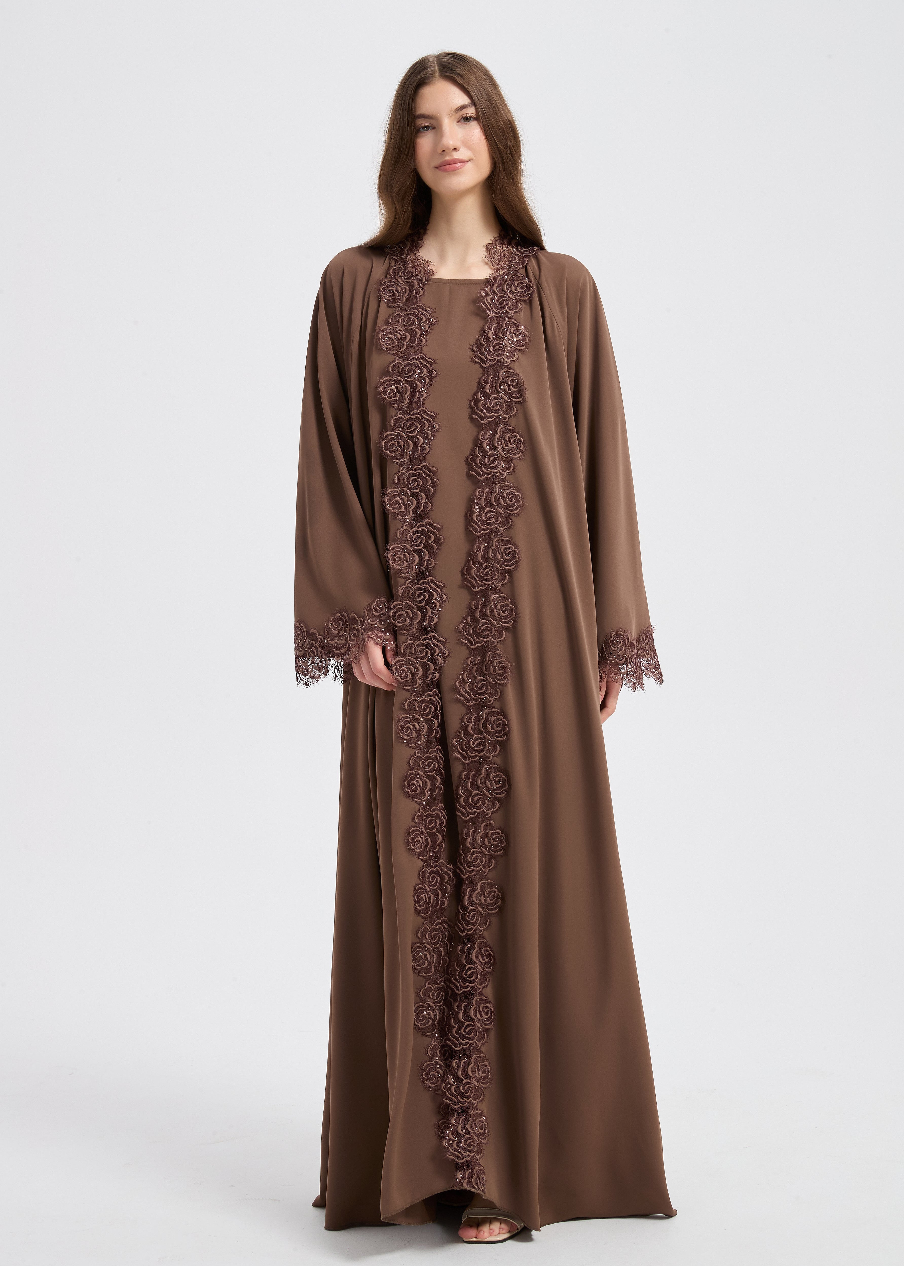 Yasmine Lace Abaya Set - Brown