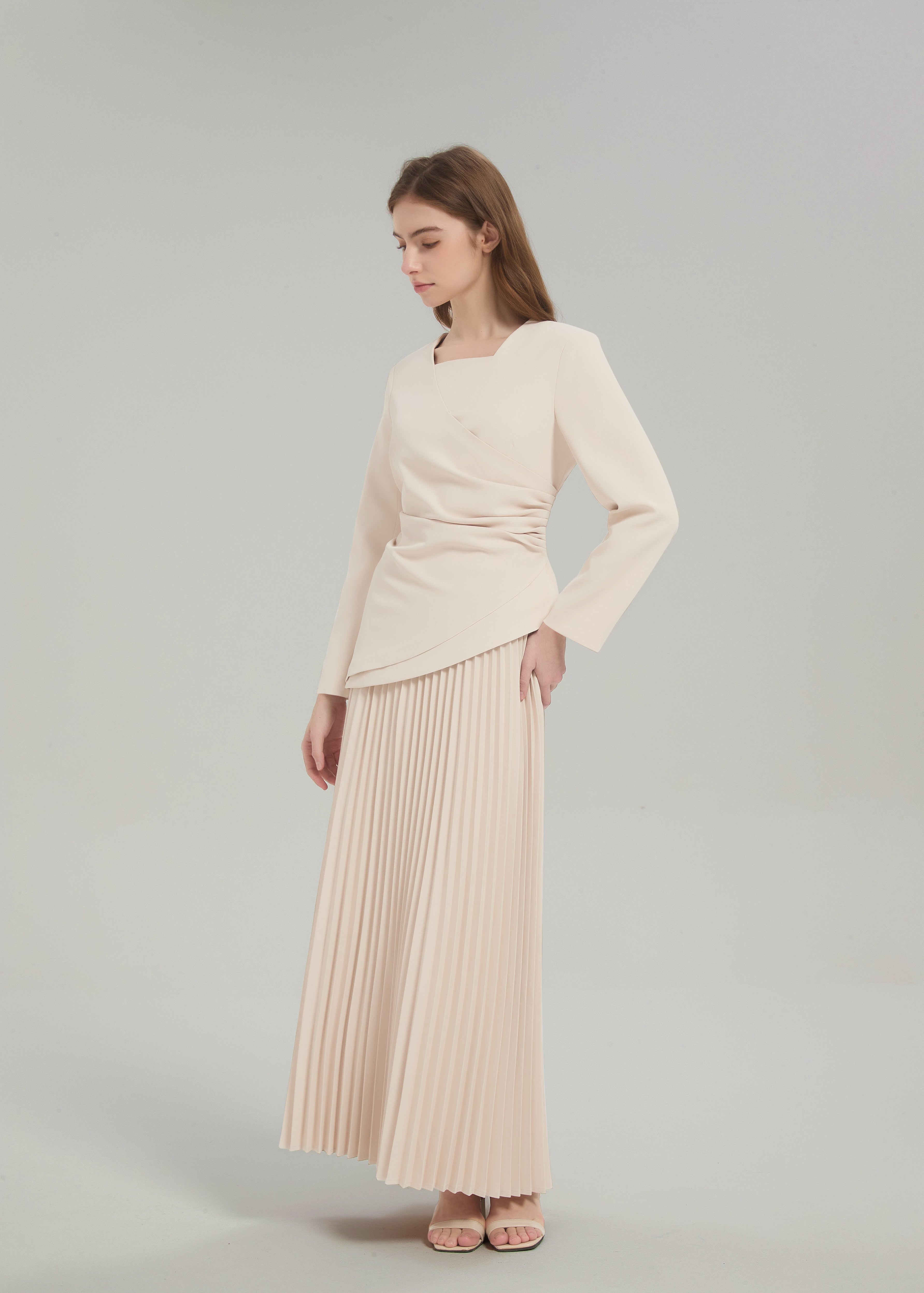 Estelle Pleated Skirt Set - Cream - AMARIAH