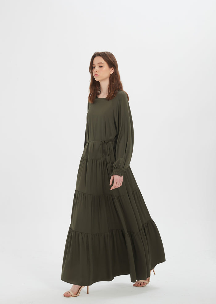 Vivo Kelemi Layered Maxi Dress - Khaki + Taupe / Green Lemi Print