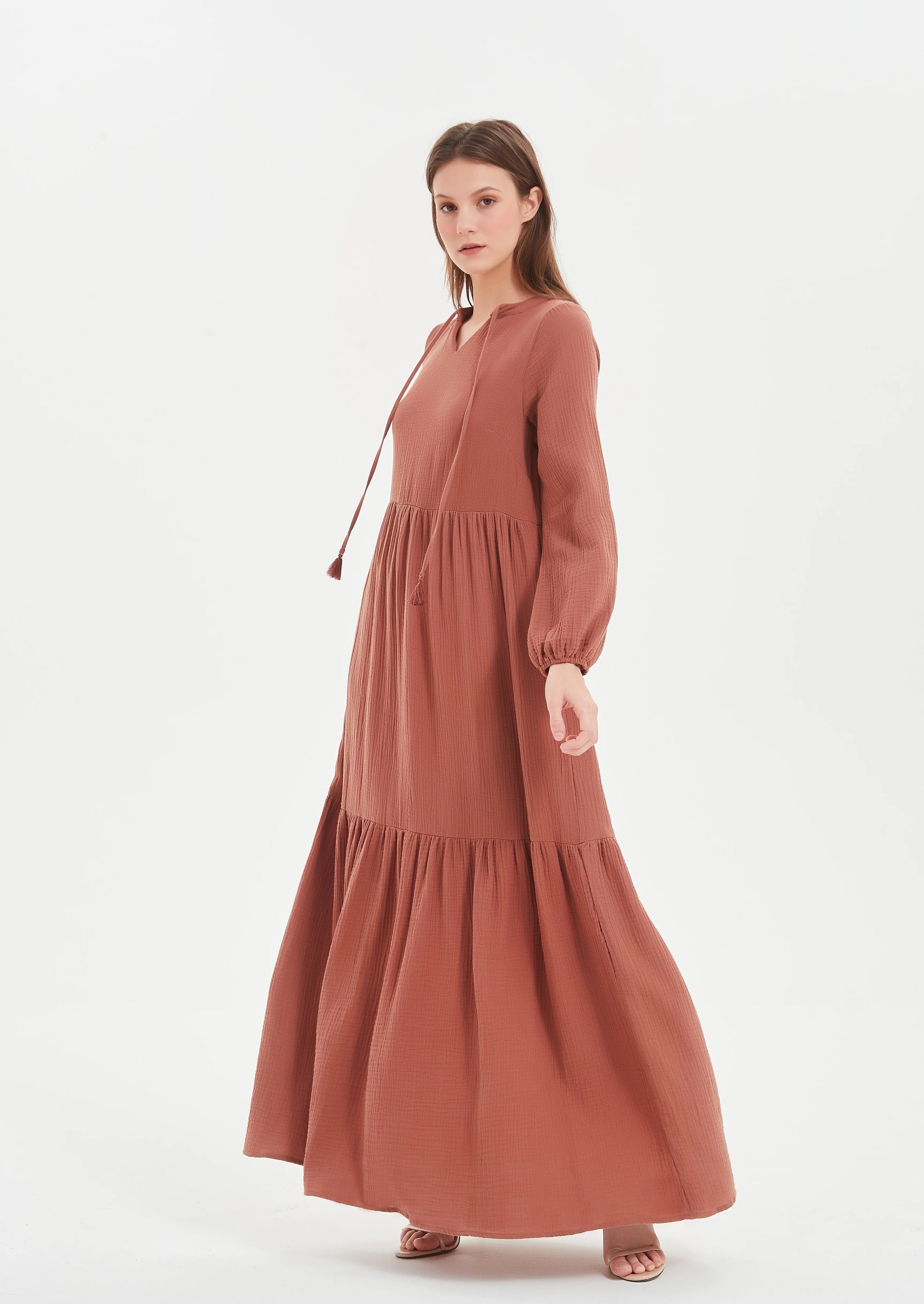 Vivo Zena Shirred Waist Maxi Shirt Dress - Rust Jazah Print